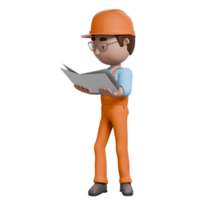 A 3D-rendered electrician in orange uniform reading a manual or schematic, concentrating on understanding the electrical diagram. png