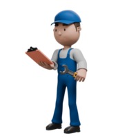 A 3D cartoon mechanic holding a clipboard and wrench, focusing on a task, dressed in blue overalls and a matching cap. png