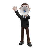 The image shows a professional character in a suit using a megaphone and giving a thumbs-up gesture, which conveys communication, announcement, or leadership. png
