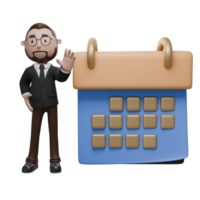 The image shows a professional character standing beside a large calendar, symbolizing scheduling, planning, time management, or organizing events. png
