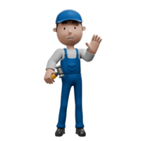 A 3D cartoon mechanic waving with one hand and holding a hammer in the other, dressed in blue overalls and smiling. png