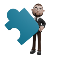 The image depicts a professional character holding a large blue puzzle piece, symbolizing problem-solving, teamwork, or finding the missing piece in a business context. png