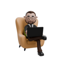 a professional character sitting comfortably in an armchair with a laptop on his lap, symbolizing a blend of relaxation and productivity, or working from a comfortable setting. png
