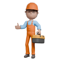 A 3D-rendered electrician giving a thumbs up while holding a toolbox, symbolizing readiness and assurance for the electrical task at hand. png