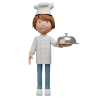 A 3D cartoon chef holding a covered serving tray in his right hand. The chef is smiling and dressed in a traditional white uniform and chef hat. The scene portrays readiness to serve. png