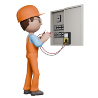 A 3D-rendered electrician in orange overalls testing voltage on an electrical panel using a multimeter, ensuring system functionality. png