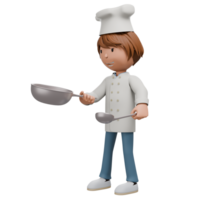 A 3D animated chef holding a saucepan in one hand and a ladle in the other, preparing to stir food. He is smiling, wearing a white chef's uniform and hat. The image reflects cooking activity. png