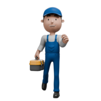 A 3D cartoon mechanic character walking confidently with a toolbox, wearing blue overalls and a smile on his face. png