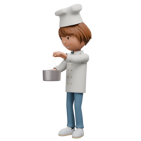 A 3D cartoon chef adding seasoning into a saucepan. He is holding a pot in one hand while sprinkling salt with the other, showing precision and concentration. png