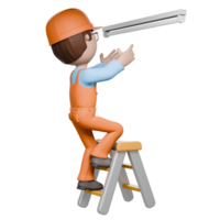 A 3D-rendered electrician standing on a ladder, installing a light fixture, focusing on proper setup and alignment for functionality. png