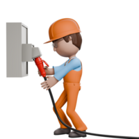 A 3D-rendered electrician plugging a power cable into an electrical socket, showing attention to detail and ensuring proper connections for safe operation. png