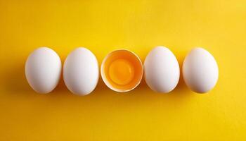 row of white egg with one egg yolk in the middle isolated on orange background. photo