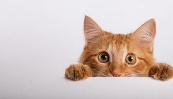 Orange tabby cat curiously peeking out from behind the white background, Free space for text. concept of curiosity and innocence. photo