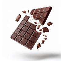 Levitation of a broken dark chocolate bar in the air on a white background, isolate, concept food, sweets, close-up photo