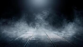 Smoke On Cement Floor With Defocused Fog In Halloween Abstract Background for design, art or photo effects and color inversion use.