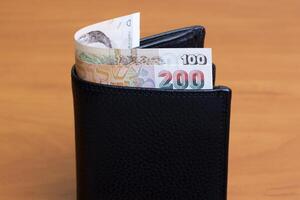 Israeli new shekel in the black wallet photo