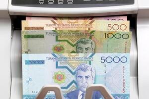 Turkmenistani manat in the counting machine photo
