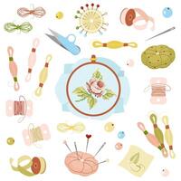 Embroidery kit. Pano with embroidery, floss threads, hoops, needles, scissors, ribbons, spools. Handmade and hobby concept. Illustration on white background. vector