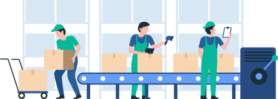 Worker Loading Boxes onto Conveyor Belt, Warehouse Operations, Material Handling, Conveyor Systems, Industrial Automation, Packing Line, Logistics. illustration png