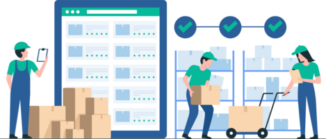 Workers Collaborating in Warehouse Environment. Inventory Specialist Using Tablet for Stock Check. Illustration png