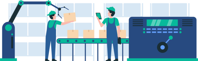 Warehouse Crew Operating Packaging Machine for Efficient Product Handling and Distribution. Automated Packaging, Manufacturing Process, Supply Chain Management. illustration png