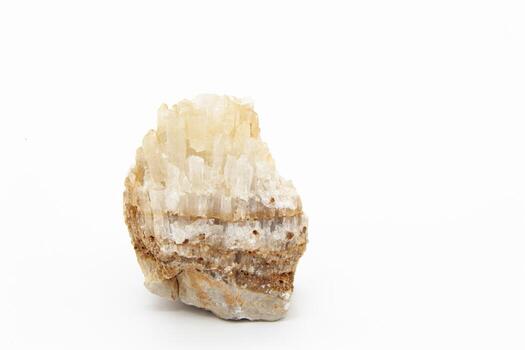 Quartz crystal isolated on white background, semi-precious stones or gemstone design elements, side view. For text. Horizontal photo