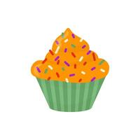 Muffin clipart in color, with sprinkles. In a green wrapper. In cartoon style. Stock isolated image on white background. Picture for sweets and snack illustration, holiday and baby design. vector
