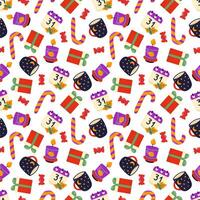 Seamless Halloween pattern with candle, calendar sheet, gift box, lollipop, candy and mug. Colorful cute hand drawn seamless pattern background For web backgrounds, fabrics, wrapping paper vector