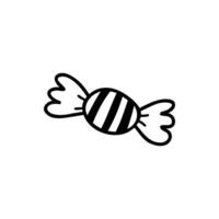 candy in striped wrapper in doodle style. Outline clipart isolated on white background. Element for design card, sticker, sweets, caramel, chocolate. Minimalism, monochrome vector