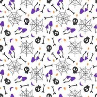 Halloween seamless pattern with spider web, bone, skull, moon and star. For web backgrounds, fabrics, wrapping paper, decoration. Stock image isolated on white background, in doodle style vector