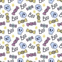 Halloween seamless pattern with candies, skull and stars. Colorful cute doodle background. For web backgrounds, fabrics, wrapping paper, decoration. vector