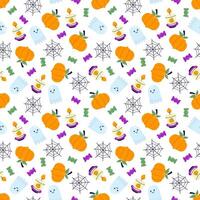 Halloween background. Seamless pattern with pumpkin, candle, candies, spider web and cute ghost. Children's background In hand-drawn style. Stock isolated image on white vector