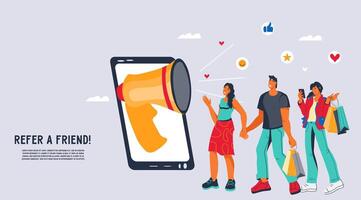 Refer a friend marketing promotion program website banner layout with cartoon characters. Landing web page or site interface for referral program and affiliate partnership. vector