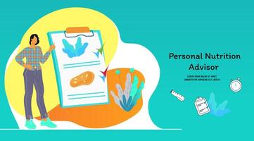 Personal nutrition advisor website template with nutritionist or dietician making diet plan. Weight loss and diet nutrition menu plan with nutritionist. Landing web page flat illustration. vector