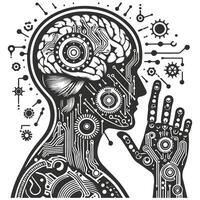 The human brain is surrounded by a circuit board and gears vector