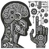 Human brain is surrounded by a circuit board and gears vector