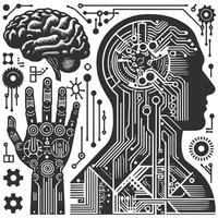 A human brain is surrounded by a circuit board and gears vector
