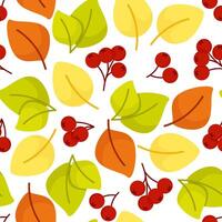 Seamless autumn pattern of green and yellow leaves with red berries vector