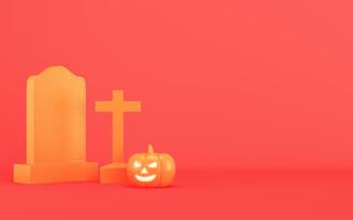 3D rendering of glowing jack-o'-lantern pumpkin placed beside a tombstone and cross, against a red background. Minimalism concept photo