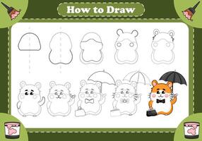 Step-by-step guide how to draw hamster gentleman holding umbrella vector