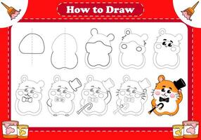 Step-by-step tutorial for kids to draw a charming hamster character tipping his hat vector