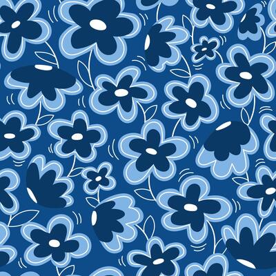 Gentle seamless pattern with blue and white flowers on dark blue background