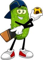 Funny Pickle Cartoon Character With Pickleball Ball And Paddle Racket vector