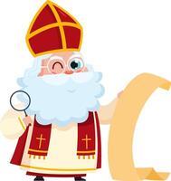 Cute Saint Nicholas or Sinterklaas Cartoon Character Reading A Paper Scroll With Christmas Wishes. vector