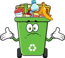 Green Recycle Trash Bin Cartoon Character Full With Garbage And Open Arms vector