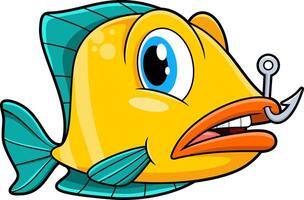 Cute Fish Cartoon Character With Fishing Hook In Mouth vector