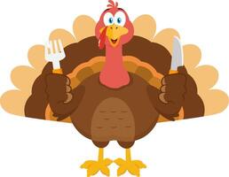 Happy Thanksgiving Turkey Bird Cartoon Character With Knife And Fork vector