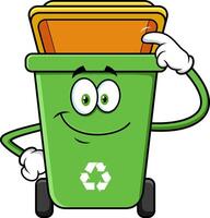 Green Recycle Trash Bin Cartoon Character Pointing To A Open Lid vector
