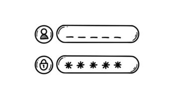 Doodle password register form. User name verification and authorisation. Hand drawn sketch login, logout, sign in illustration. Mobile app and pc user interface vector
