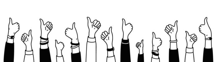Cute line doodle raising hands with thumb up background. Crowd of happy people, satisfied customers, clients, business audience. Celebration concept. Like gesture vector